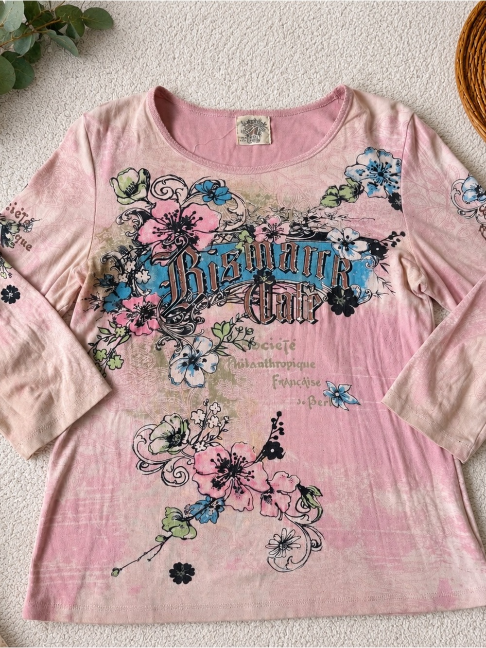Skinny Minnie Pink Floral Graphic Long Sleeve Tee with Blue & Green Accents